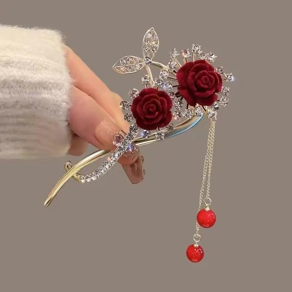 Day Red Flocking Flower Hair Clip Claw
