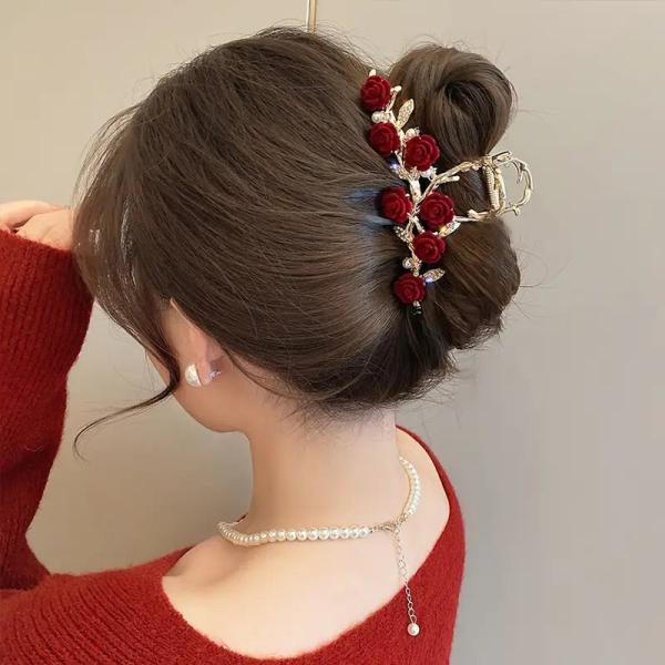 Red Velvet Rose Rhinestone Alloy Gold Metal